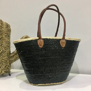 Straw Basket Bag Black Sequins Leather Handles | Market Bag