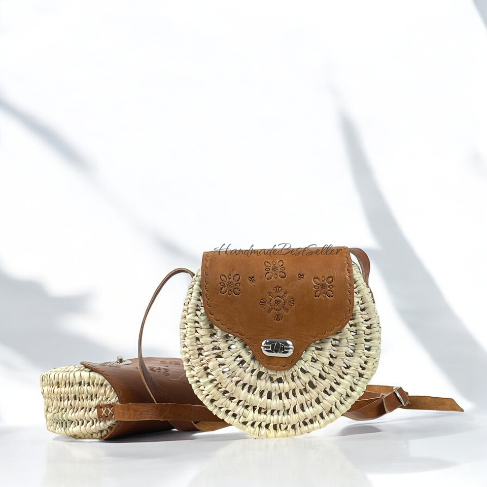 Circular Raffia and Leather Shoulder Bag – Moroccan Handmade