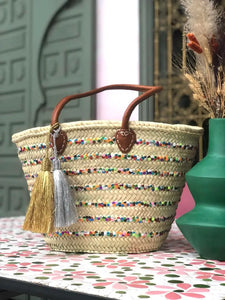 Straw Basket Bag | Sequins | French Basket Leather Handles