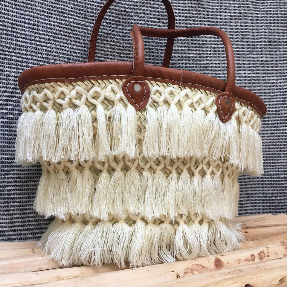 Woven Straw Basket Bag With Tassels Leather Handles