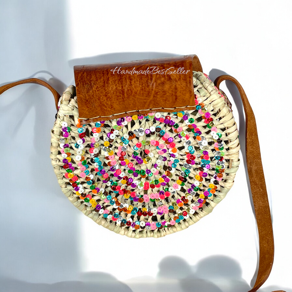 Circular Raffia and Leather Shoulder Bag – Moroccan Handmade