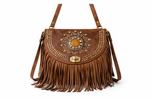 Boho Leather Fringe Crossbody Bag with Studs
