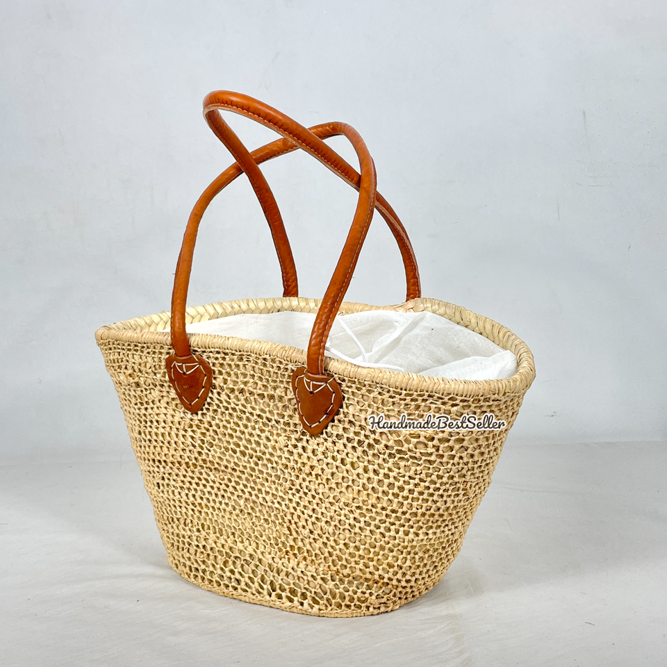 Straw basket with Leather, wicker bag, Raffia bag