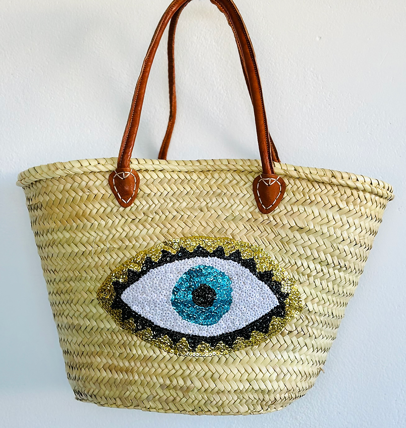 French Basket leather handle, Straw Tote Bag With Eyes