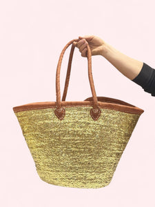 Straw Tote Bag Silver & Gold Sequined With Leather Handles