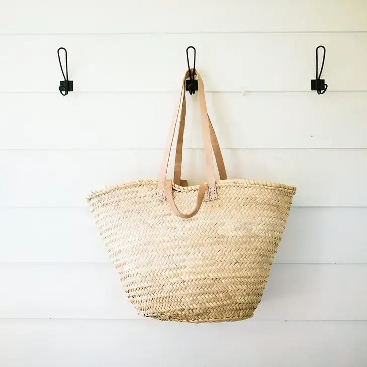French Basket with Double Flat Leather, Straw Bag