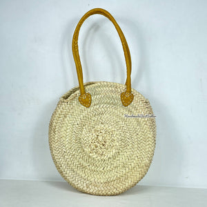 Round Straw Basket Bag Double Leather Handle, Moroccan Bag