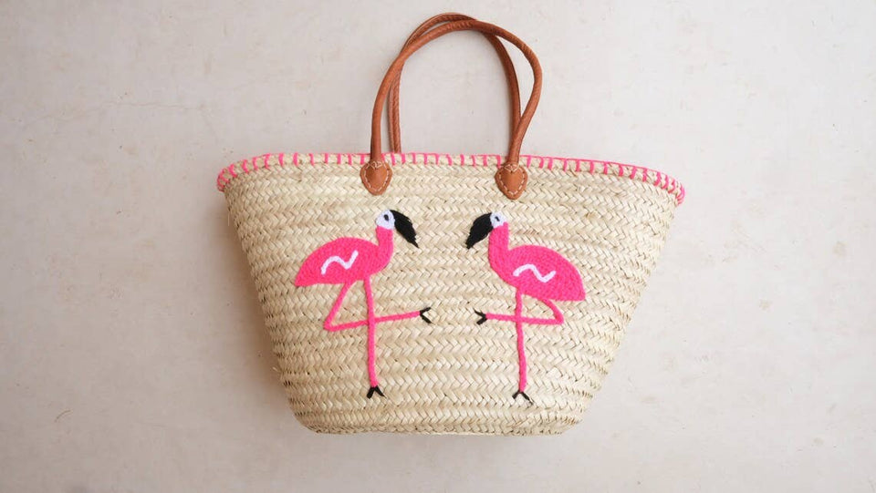 Flamingo Basket Bag Embroidered Moroccan Baskets Beach bags