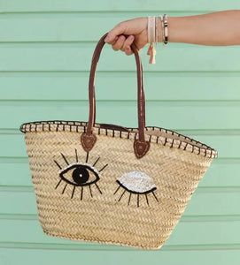 Straw Tote Bag With Eyes, French Basket leather handle