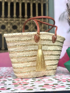 Straw Basket Bag | French Basket Leather Handles | Sequins